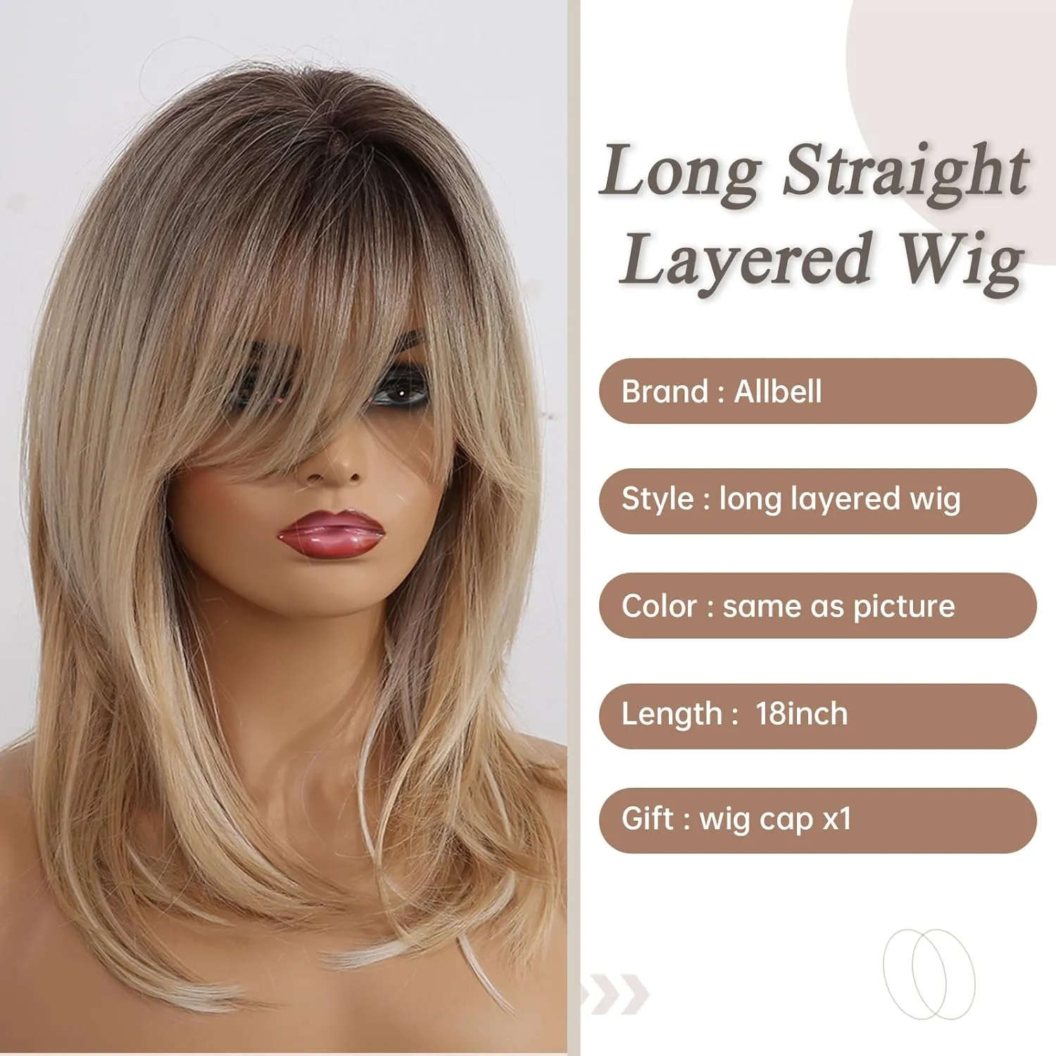 Allbell Mixed Blonde Wig with Curtain Bangs Medium Length Layered Hair Wig for Women Heat Resistant Synthetic Wigs for Daily Use