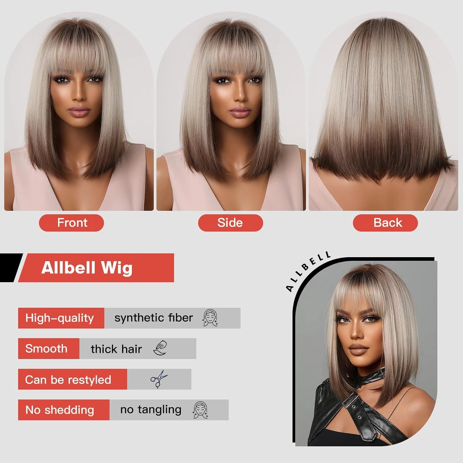 Allbell Blonde Bob Wig Brown Blonde Ombre Wigs for Black Women Straiht Bob Wig with Bangs Short Dark Roots Gray Wigs Natural Hair Synthetic Wig Cosplay Use