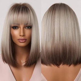 Allbell Blonde Bob Wig Brown Blonde Ombre Wigs for Black Women Straiht Bob Wig with Bangs Short Dark Roots Gray Wigs Natural Hair Synthetic Wig Cosplay Use