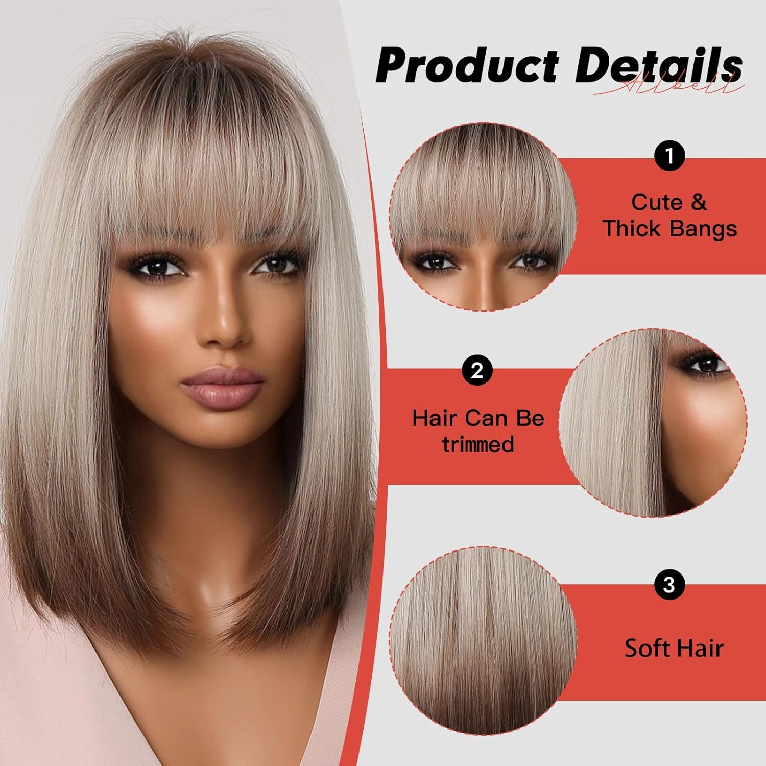 Allbell Blonde Bob Wig Brown Blonde Ombre Wigs for Black Women Straiht Bob Wig with Bangs Short Dark Roots Gray Wigs Natural Hair Synthetic Wig Cosplay Use