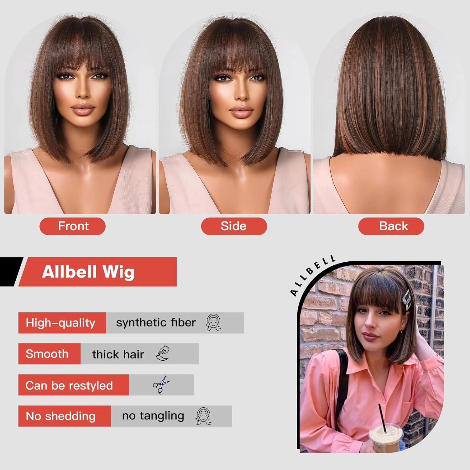 Allbell Brown Bob Wig for Black Women Brown Wigs with Bangs Short Mixed Brown Bob Synthetic Wigs Natural Looking Synthetic Heat Resistant Wigs for Daily Use 14IN