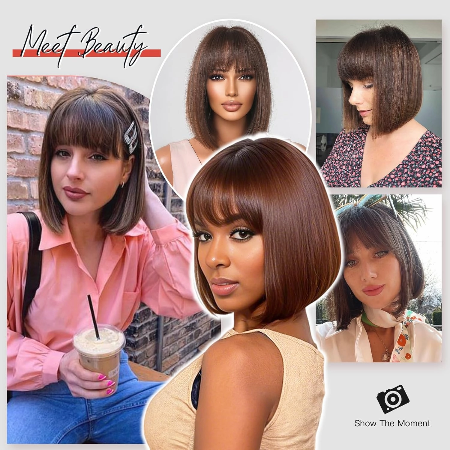 Allbell Brown Bob Wig for Black Women Brown Wigs with Bangs Short Mixed Brown Bob Synthetic Wigs Natural Looking Synthetic Heat Resistant Wigs for Daily Use 14IN