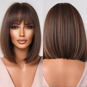 Allbell Brown Bob Wig for Black Women Brown Wigs with Bangs Short Mixed Brown Bob Synthetic Wigs Natural Looking Synthetic Heat Resistant Wigs for Daily Use 14IN