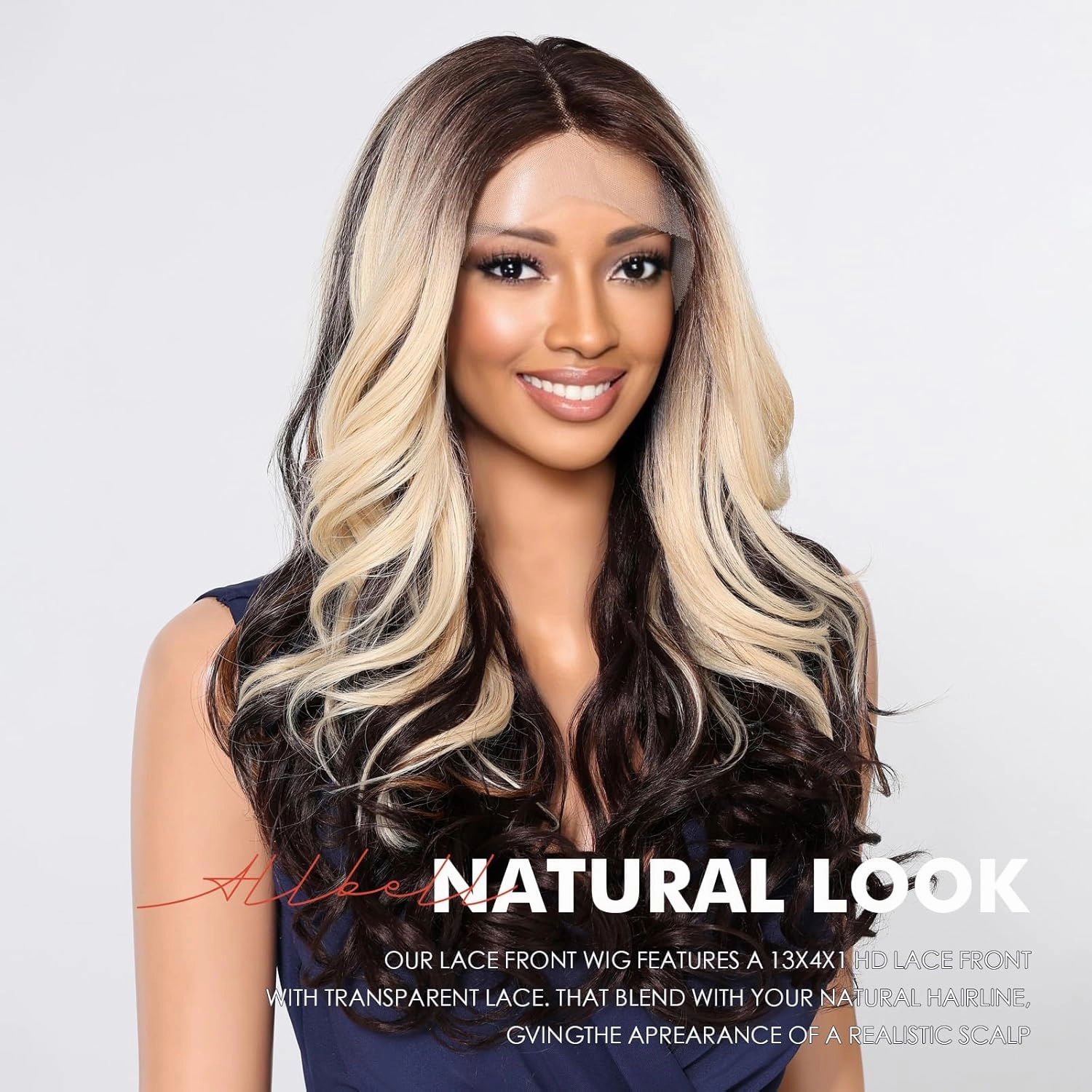 Allbell Long Wavy Lace Front Wig for Black Women Natural Brown Hair with Blonde Highlights Middle Part 13x4x1 Synthetic Lace Wigs Heat Resistant Fiber