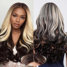 Allbell Long Wavy Lace Front Wig for Black Women Natural Brown Hair with Blonde Highlights Middle Part 13x4x1 Synthetic Lace Wigs Heat Resistant Fiber