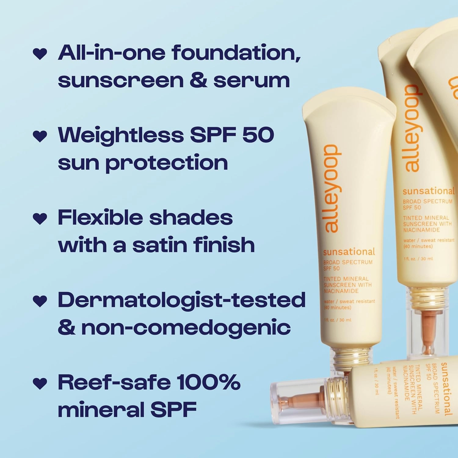 Alleyoop Sunsational Tinted Moisturizer SPF 50 for Face Broad Spectrum – 100% Mineral Face Sunscreen with Jojoba, Hydrating & Soothing Tinted Sunscreen, Vegan & Cruelty-Free (Solar)