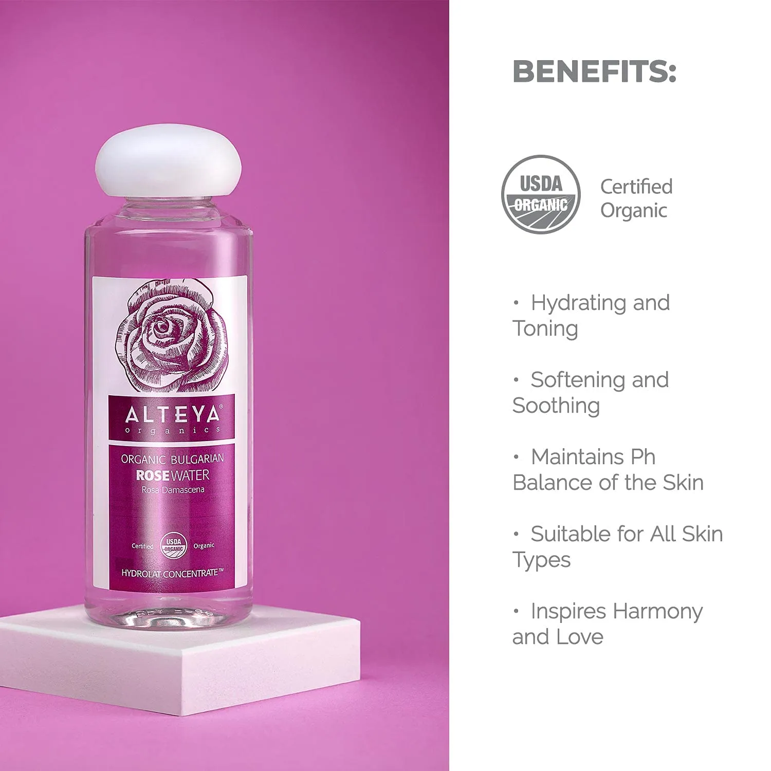 Alteya Organics Rose Water USDA Certified Organic Facial Toner, 8.5 Fl Oz/250mL Pure Bulgarian Rosa Damascena Flower Water, Award-Winning Moisturizer BPA-Free Bottle with Reducer