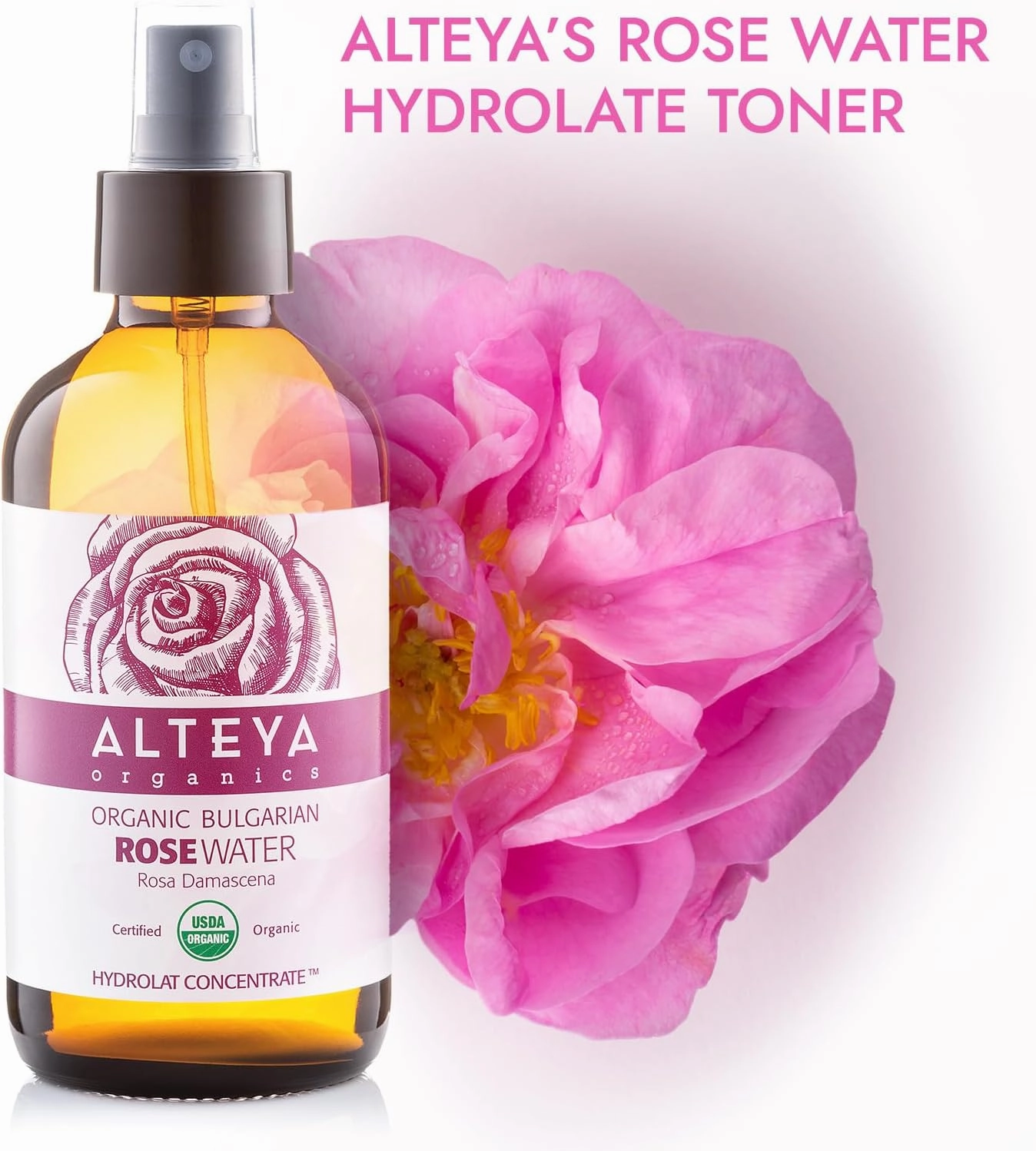 Alteya Organics Rose Water USDA Certified Organic Facial Toner, 8 Fl Oz/240mL Pure Bulgarian Rosa Damascena Flower Water, Award-Winning Moisturizer Amber Glass Spray Bottle