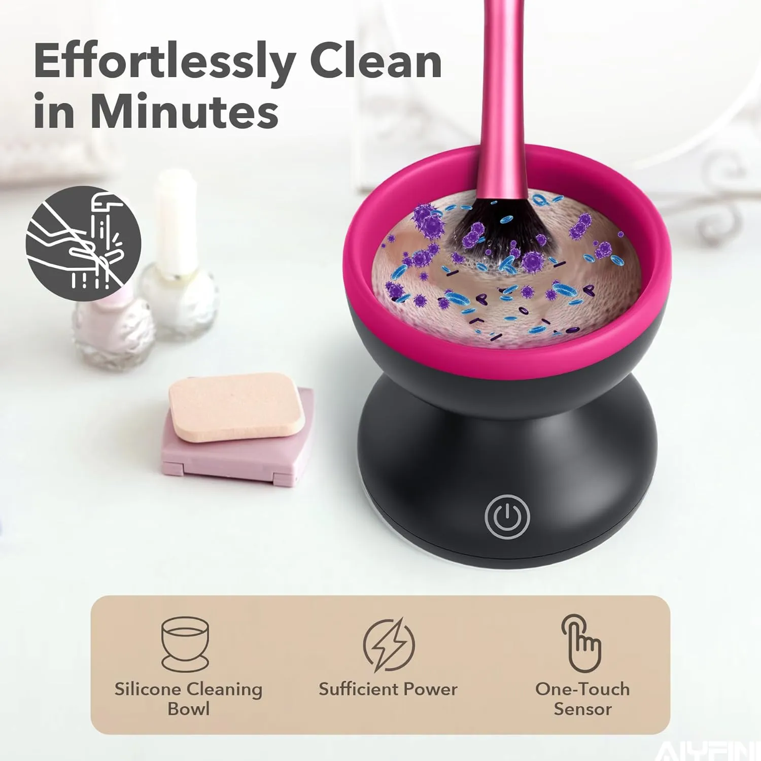 Alyfini Electric Makeup Brush Cleaner Machine, Powerful Friction Removes Residue on Make up Brushes Set/Sponge/Powder Puffs, Efficient Cleaning, Portable Spinning Washer, Save Cleanser & Shampoo