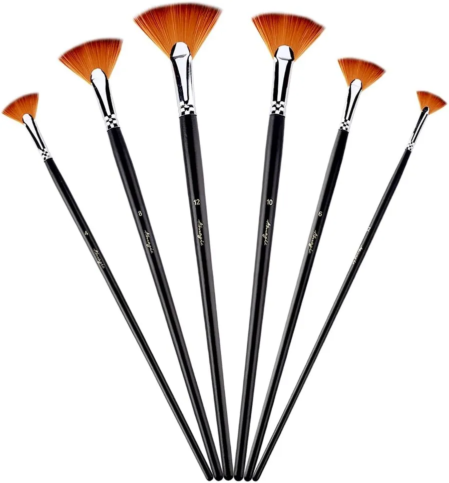 Amagic Fan Brush Set- Artist Soft Anti-Shedding Nylon Hair Paint Brushes for Acrylic Watercolor Oil Painting - Long Wood Handle with Storage Case, Set of 6