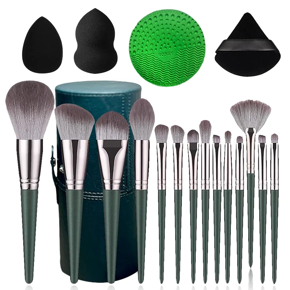 Ambesa Ventures 14-Piece Professional Makeup Brush Set with Case, 2 Sponges, Brush Cleaner, Triangle Puff - Soft Synthetic Bristles for Face and Eye Makeup, Ideal for Blending, Contouring, and