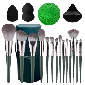 Ambesa Ventures 14-Piece Professional Makeup Brush Set with Case, 2 Sponges, Brush Cleaner, Triangle Puff - Soft Synthetic Bristles for Face and Eye Makeup, Ideal for Blending, Contouring, and