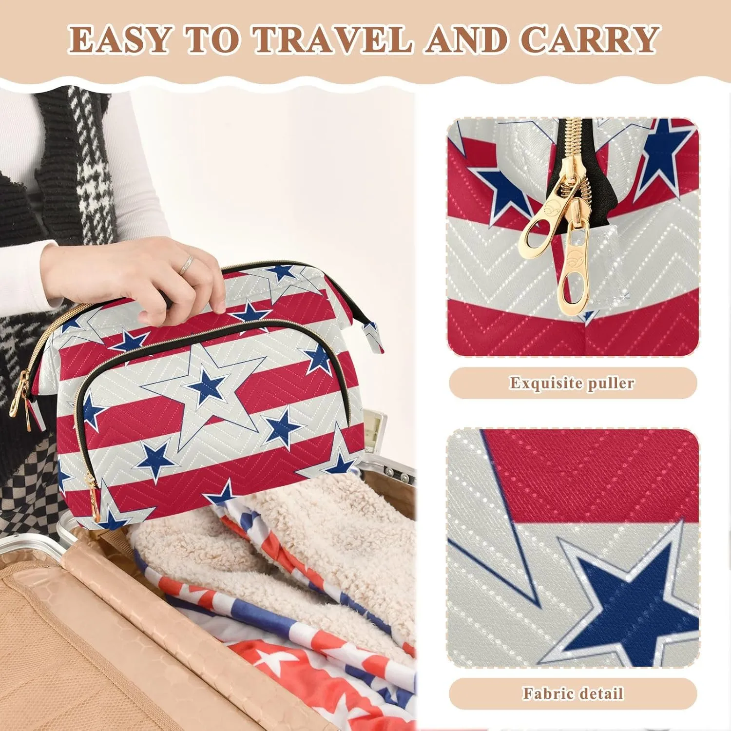 American Patriotic Blue Stars Red Stripes Independence Memorial Women Cosmetic Bag Makeup Bag Stylish Trip Beauty Bag Travel Toiletry Bag with Bottle Organizer 10.2 x 5.9 x 6.7 inch