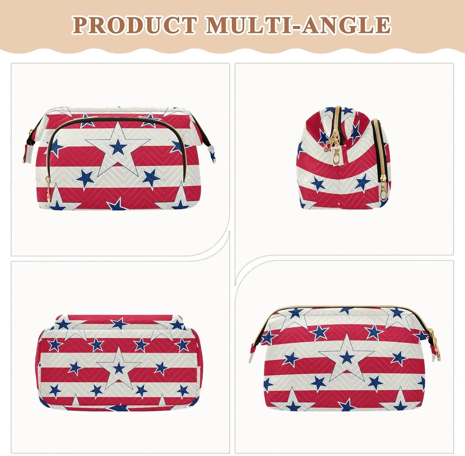 American Patriotic Blue Stars Red Stripes Independence Memorial Women Cosmetic Bag Makeup Bag Stylish Trip Beauty Bag Travel Toiletry Bag with Bottle Organizer 10.2 x 5.9 x 6.7 inch
