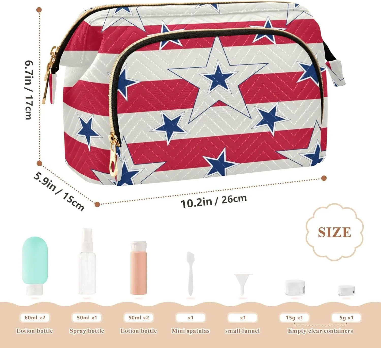 American Patriotic Blue Stars Red Stripes Independence Memorial Women Cosmetic Bag Makeup Bag Stylish Trip Beauty Bag Travel Toiletry Bag with Bottle Organizer 10.2 x 5.9 x 6.7 inch