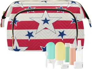 American Patriotic Blue Stars Red Stripes Independence Memorial Women Cosmetic Bag Makeup Bag Stylish Trip Beauty Bag Travel Toiletry Bag with Bottle Organizer 10.2 x 5.9 x 6.7 inch