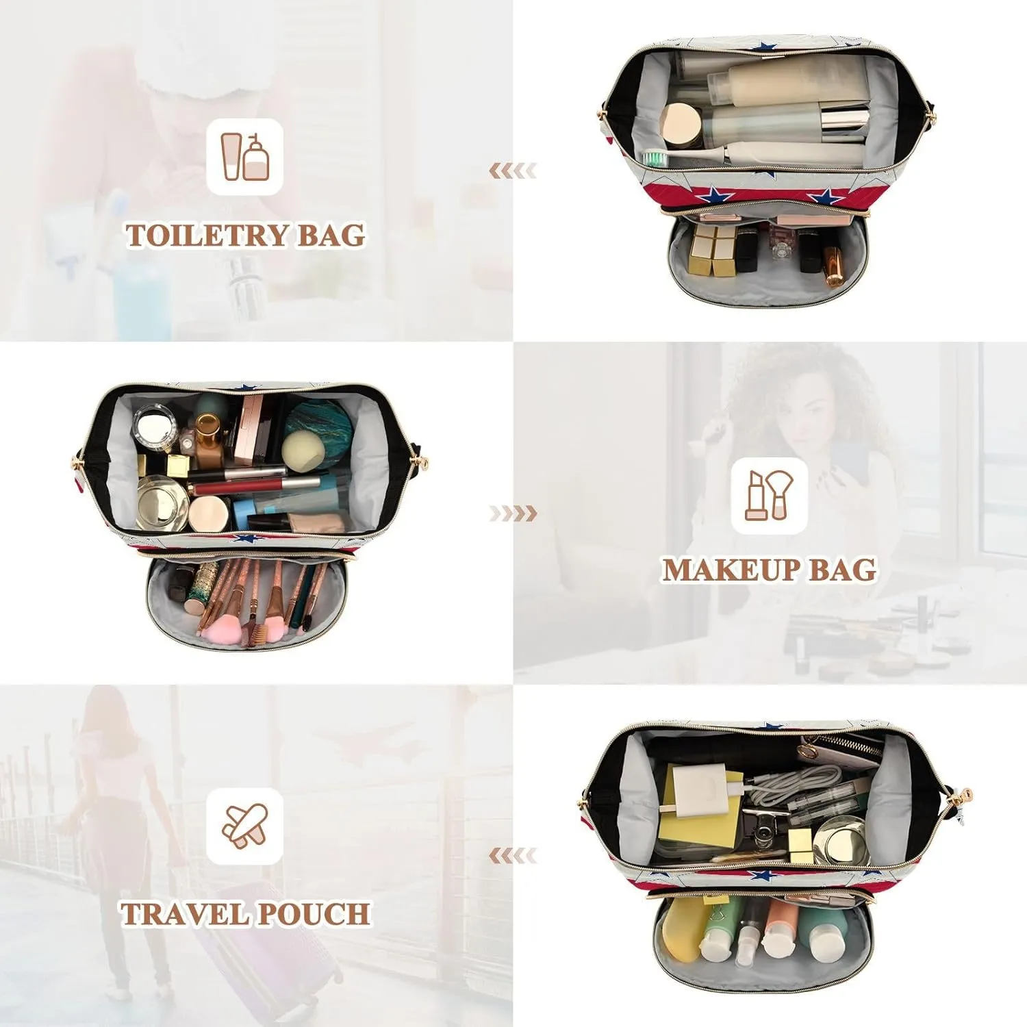 American Patriotic Blue Stars Red Stripes Independence Memorial Women Cosmetic Bag Makeup Bag Stylish Trip Beauty Bag Travel Toiletry Bag with Bottle Organizer 10.2 x 5.9 x 6.7 inch