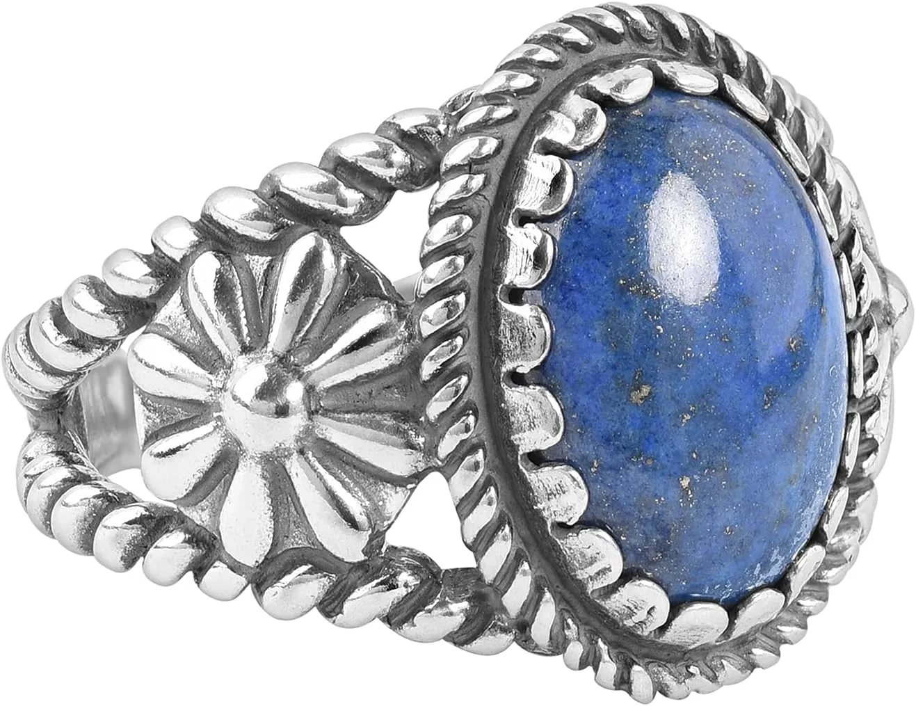 American West Jewelry Sterling Silver Genuine Gemstone Concha Flower Ring, Sizes 5 to 13