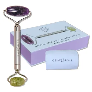Amethyst   Jade Roller for Face and Neck Massage, Dual Gemstones with Durable Steel Handle and Travel Bag. Minimize Wrinkles, Reduce Puffiness and Restore Skin's Elasticity and Radiance