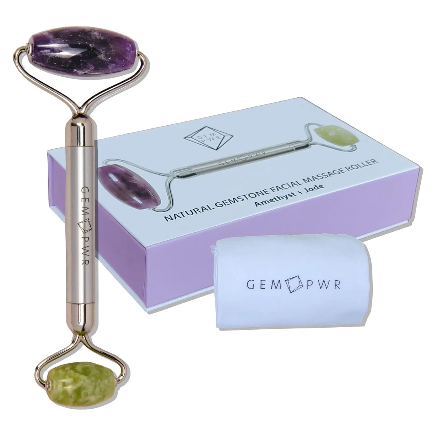 Amethyst   Jade Roller for Face and Neck Massage, Dual Gemstones with Durable Steel Handle and Travel Bag. Minimize Wrinkles, Reduce Puffiness and Restore Skin's Elasticity and Radiance