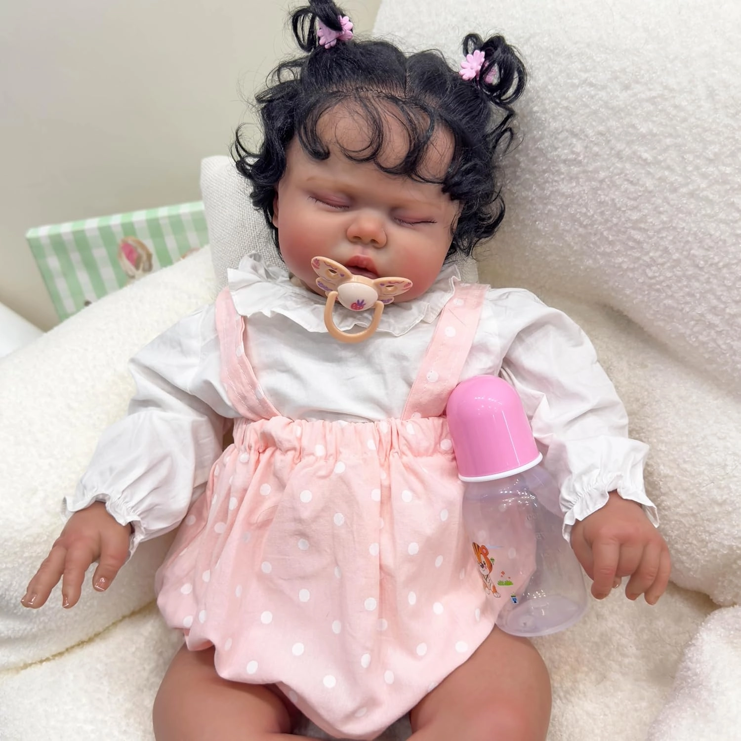 Anano 24 Inch Realistic Reborn Baby Doll Mixed Race Black Girl Toddler Biracial African American Chubby Reborn Doll with Hair Ultra Lifelike Baby Doll for Kids & Collectors (Pink Romper)