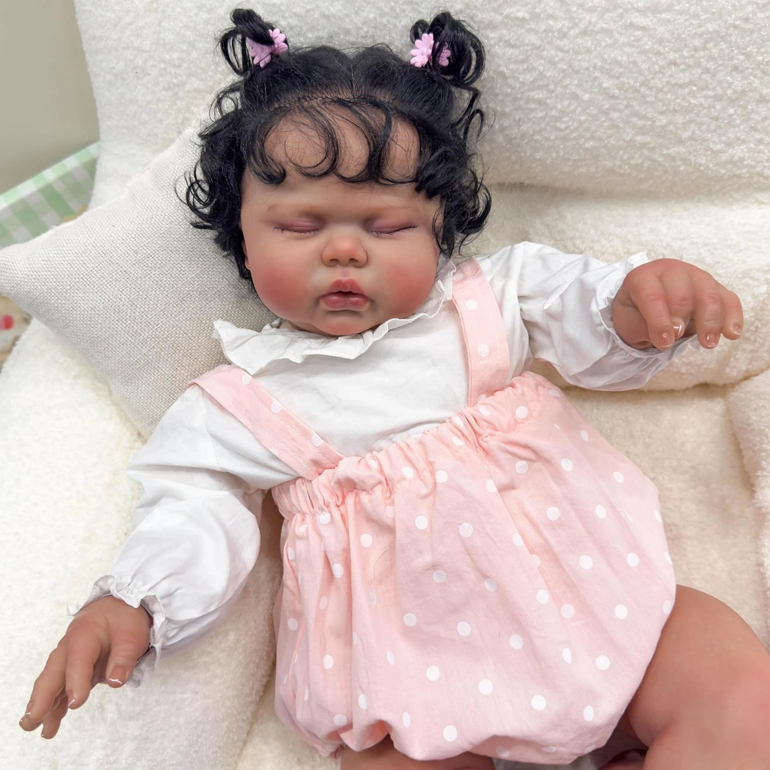 Anano 24 Inch Realistic Reborn Baby Doll Mixed Race Black Girl Toddler Biracial African American Chubby Reborn Doll with Hair Ultra Lifelike Baby Doll for Kids & Collectors (Pink Romper)