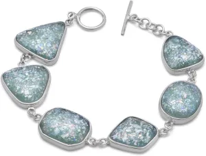 Ancient Roman Glass Bracelet with Varied Shapes Freeform Sterling Silver Handmade in Israel