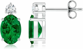 ANGARA Lab Grown Basket-Set Oval Emerald Stud Earrings with Diamond in Silver / 14K Solid Gold/Platinum | May Birthstone, Birthday, Engagement, Anniversary, Wedding Jewelry Gift for Women