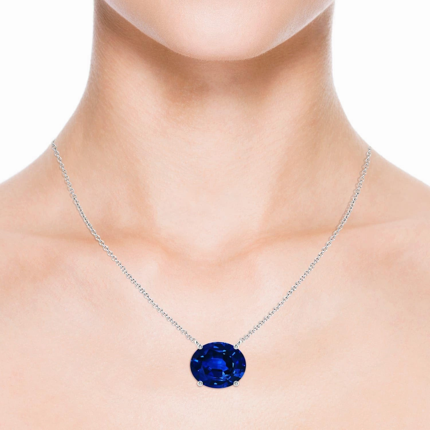 Angara Lab Grown East-West Oval Blue Sapphire Solitaire Pendant in Silver / 14K Solid Gold/Platinum | September Birthstone, Birthday, Engagement, Anniversary, Wedding Jewelry Gift for Women