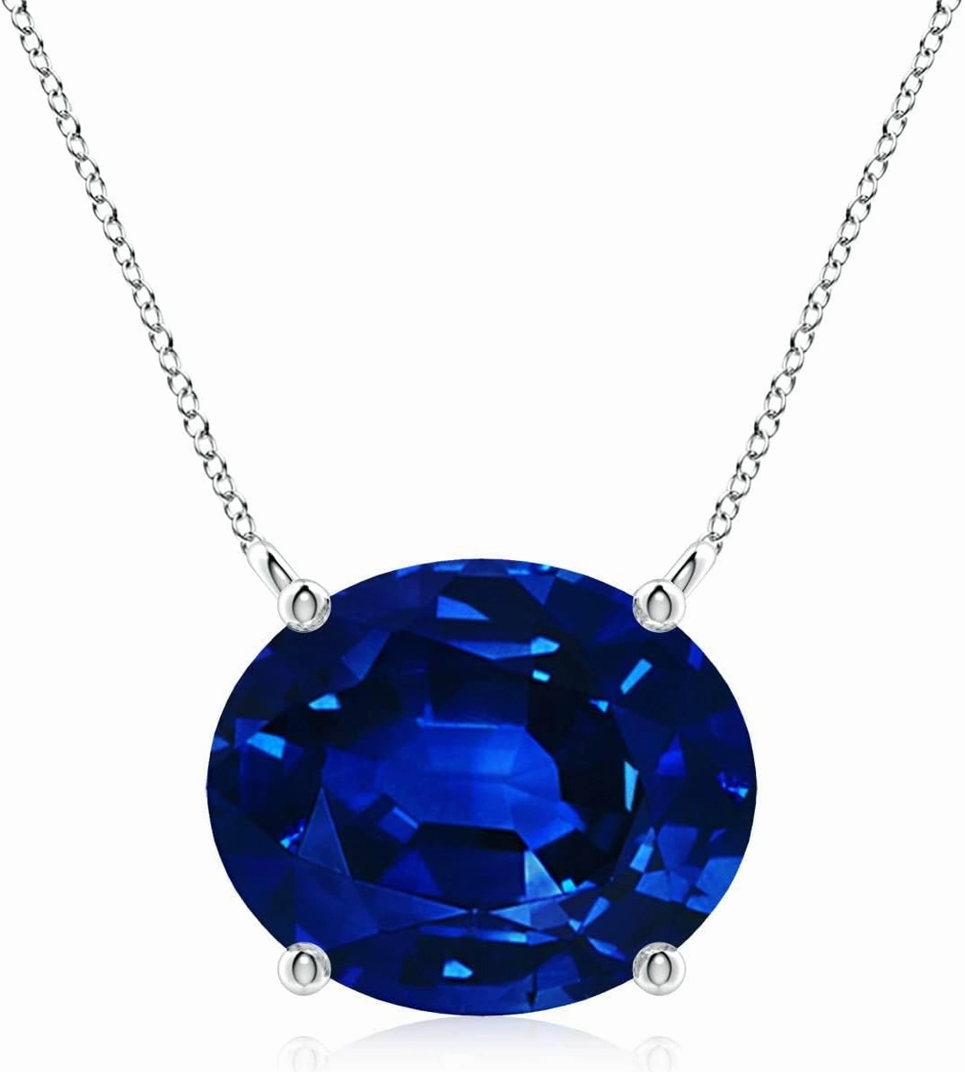 Angara Lab Grown East-West Oval Blue Sapphire Solitaire Pendant in Silver / 14K Solid Gold/Platinum | September Birthstone, Birthday, Engagement, Anniversary, Wedding Jewelry Gift for Women