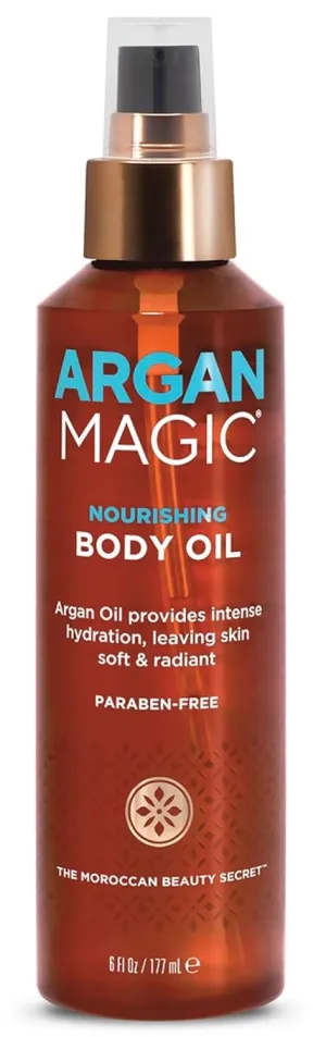 Argan Magic Nourishing Body Oil with Argan & Almond Oil | Intense Hydration, Softens & Radiates | Made in USA, Paraben Free, Cruelty Free (6 FL Oz)