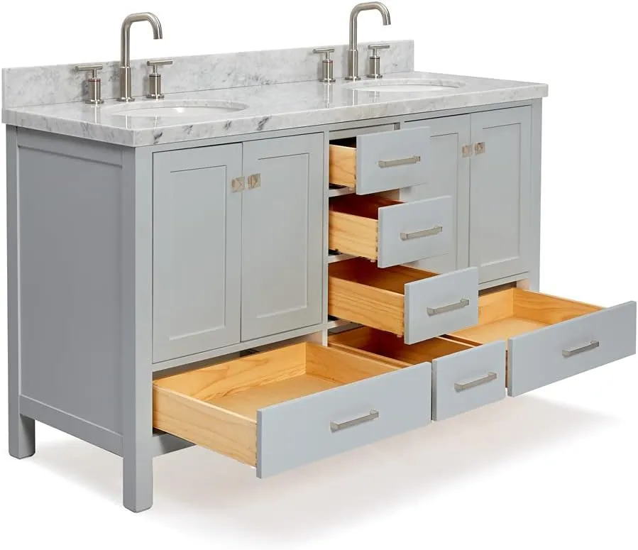 ARIEL 61" Grey Double Bathroom Vanity with 1.5" Edge Italian Carrara Marble Countertop & Backsplash, Center Oval Sinks, 4 Soft Closing Doors, 6 Full Extension Dovetail Drawers, Brushed Nickel