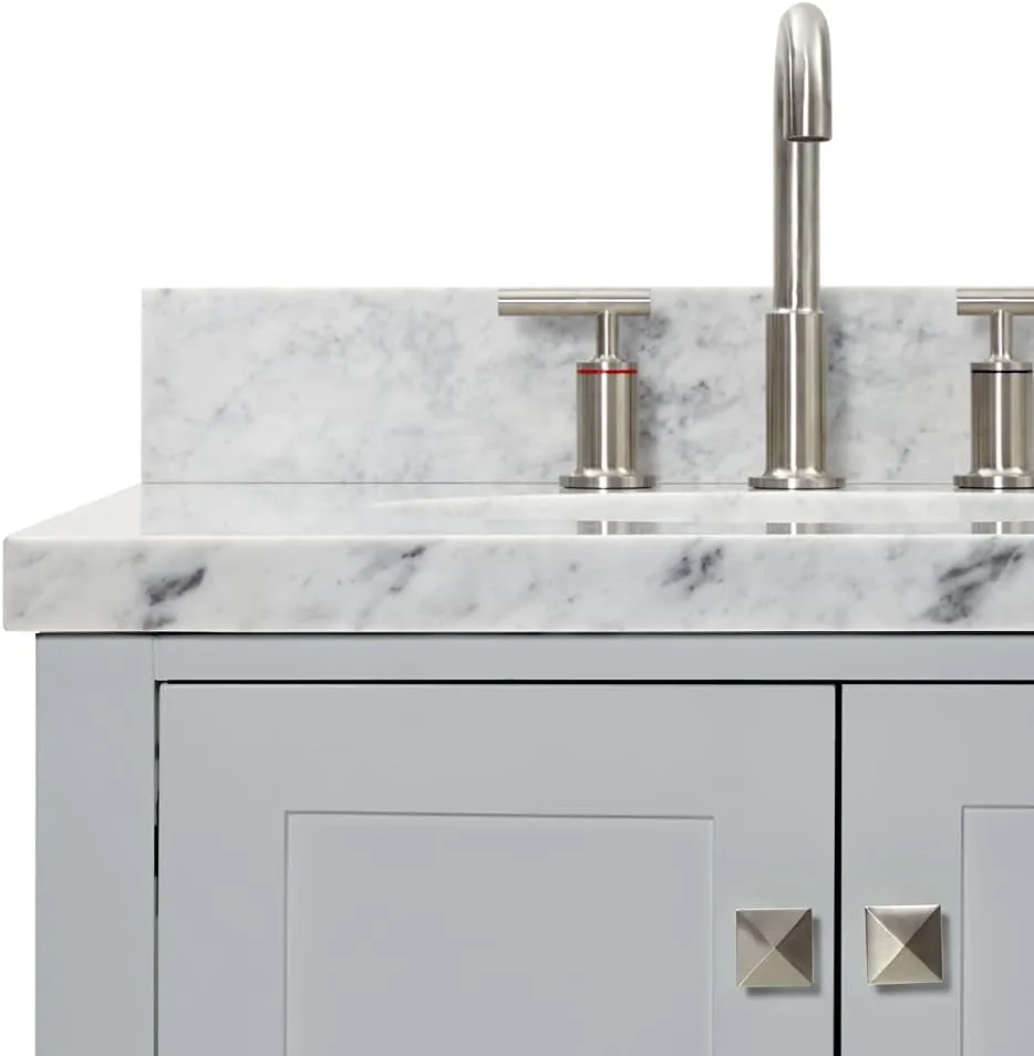 ARIEL 61" Grey Double Bathroom Vanity with 1.5" Edge Italian Carrara Marble Countertop & Backsplash, Center Oval Sinks, 4 Soft Closing Doors, 6 Full Extension Dovetail Drawers, Brushed Nickel