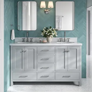 ARIEL 61" Grey Double Bathroom Vanity with 1.5" Edge Italian Carrara Marble Countertop & Backsplash, Center Oval Sinks, 4 Soft Closing Doors, 6 Full Extension Dovetail Drawers, Brushed Nickel