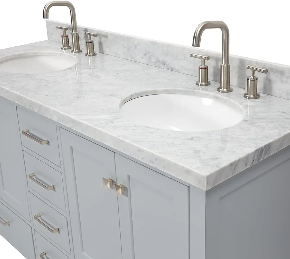 ARIEL 61" Grey Double Bathroom Vanity with 1.5" Edge Italian Carrara Marble Countertop & Backsplash, Center Oval Sinks, 4 Soft Closing Doors, 6 Full Extension Dovetail Drawers, Brushed Nickel