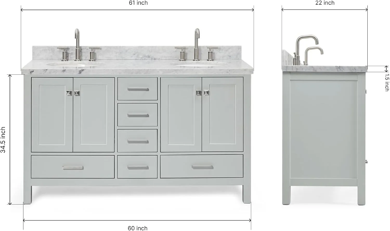 ARIEL 61" Grey Double Bathroom Vanity with 1.5" Edge Italian Carrara Marble Countertop & Backsplash, Center Oval Sinks, 4 Soft Closing Doors, 6 Full Extension Dovetail Drawers, Brushed Nickel