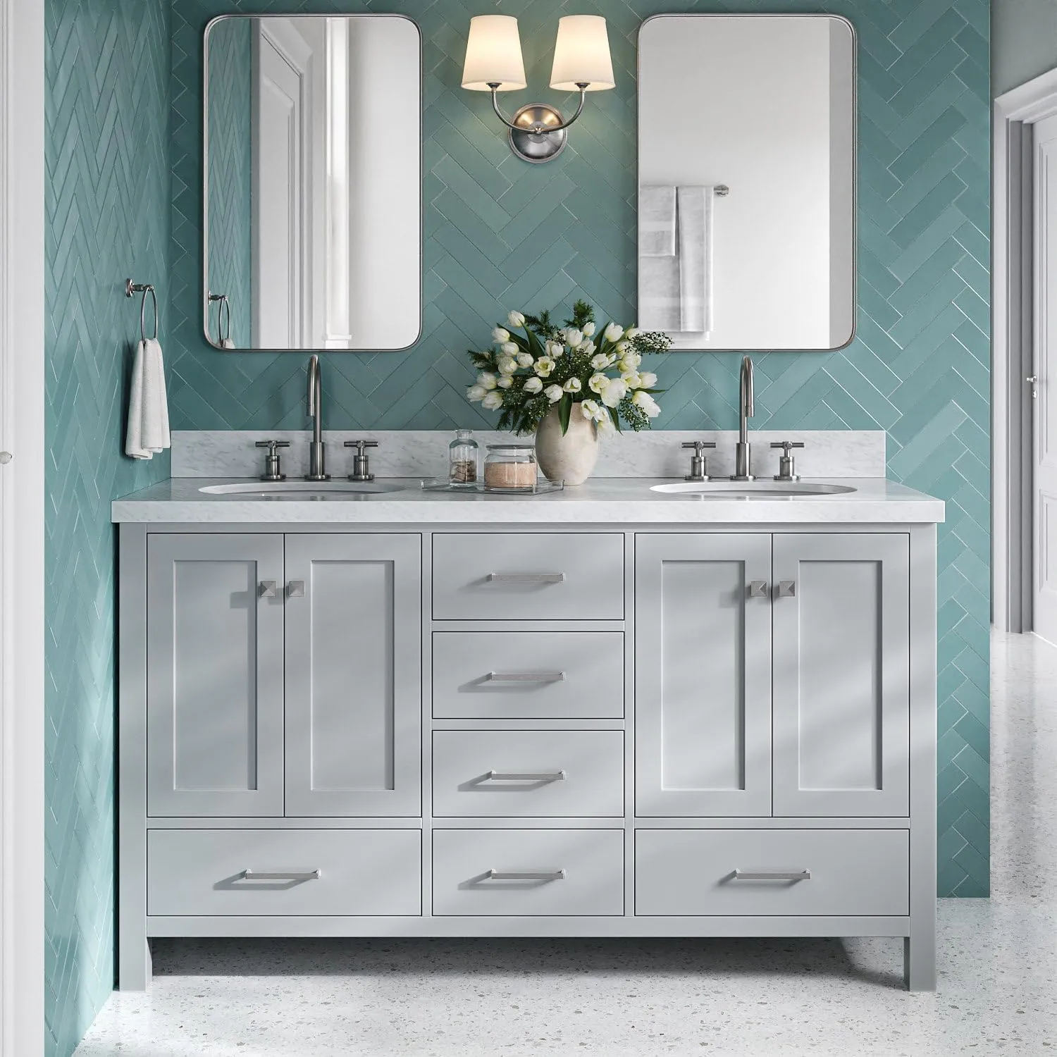 ARIEL 61" Grey Double Bathroom Vanity with 1.5" Edge Italian Carrara Marble Countertop & Backsplash, Center Oval Sinks, 4 Soft Closing Doors, 6 Full Extension Dovetail Drawers, Brushed Nickel