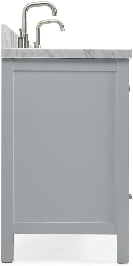 ARIEL 61" Grey Double Bathroom Vanity with 1.5" Edge Italian Carrara Marble Countertop & Backsplash, Center Oval Sinks, 4 Soft Closing Doors, 6 Full Extension Dovetail Drawers, Brushed Nickel