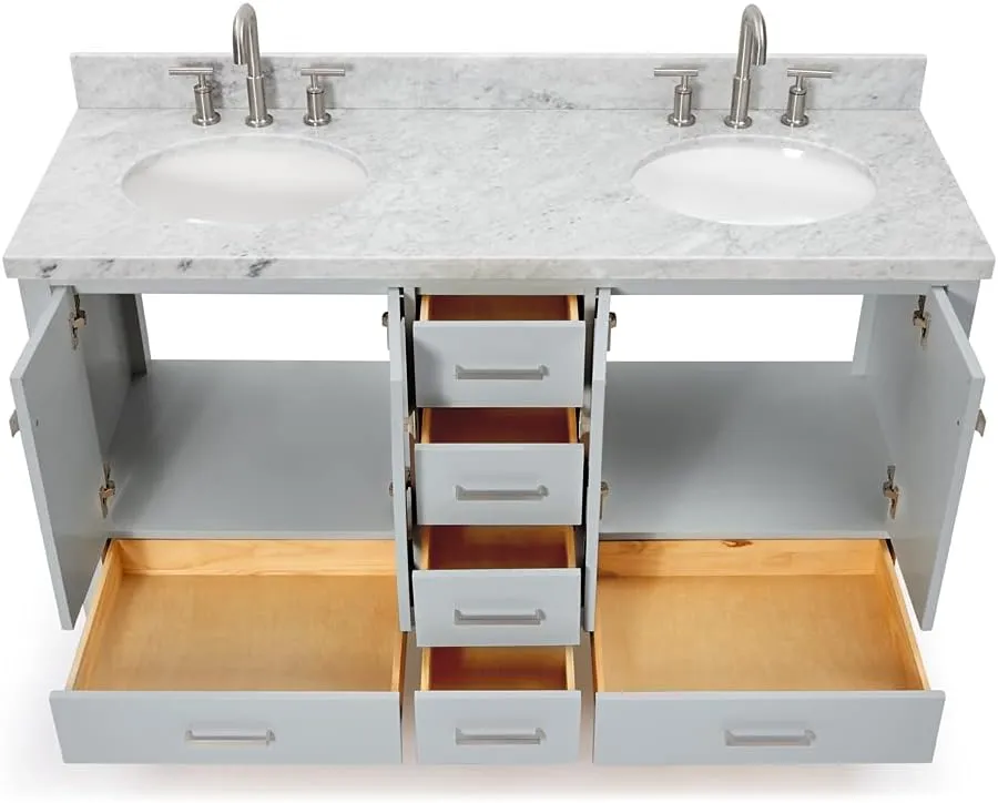 ARIEL 61" Grey Double Bathroom Vanity with 1.5" Edge Italian Carrara Marble Countertop & Backsplash, Center Oval Sinks, 4 Soft Closing Doors, 6 Full Extension Dovetail Drawers, Brushed Nickel