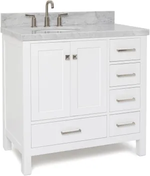 ARIEL Cambridge 37 Inch Bathroom Vanity with Sink, White Bathroom Vanity, Solid Wood Vanity Base Cabinet, Carrara Marble Top 1.5-Inch Edge, Left Oval Single Sink, 2 Soft Closing Doors, 5 Drawers