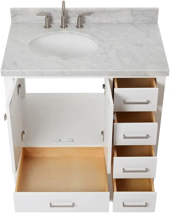 ARIEL Cambridge 37 Inch Bathroom Vanity with Sink, White Bathroom Vanity, Solid Wood Vanity Base Cabinet, Carrara Marble Top 1.5-Inch Edge, Left Oval Single Sink, 2 Soft Closing Doors, 5 Drawers