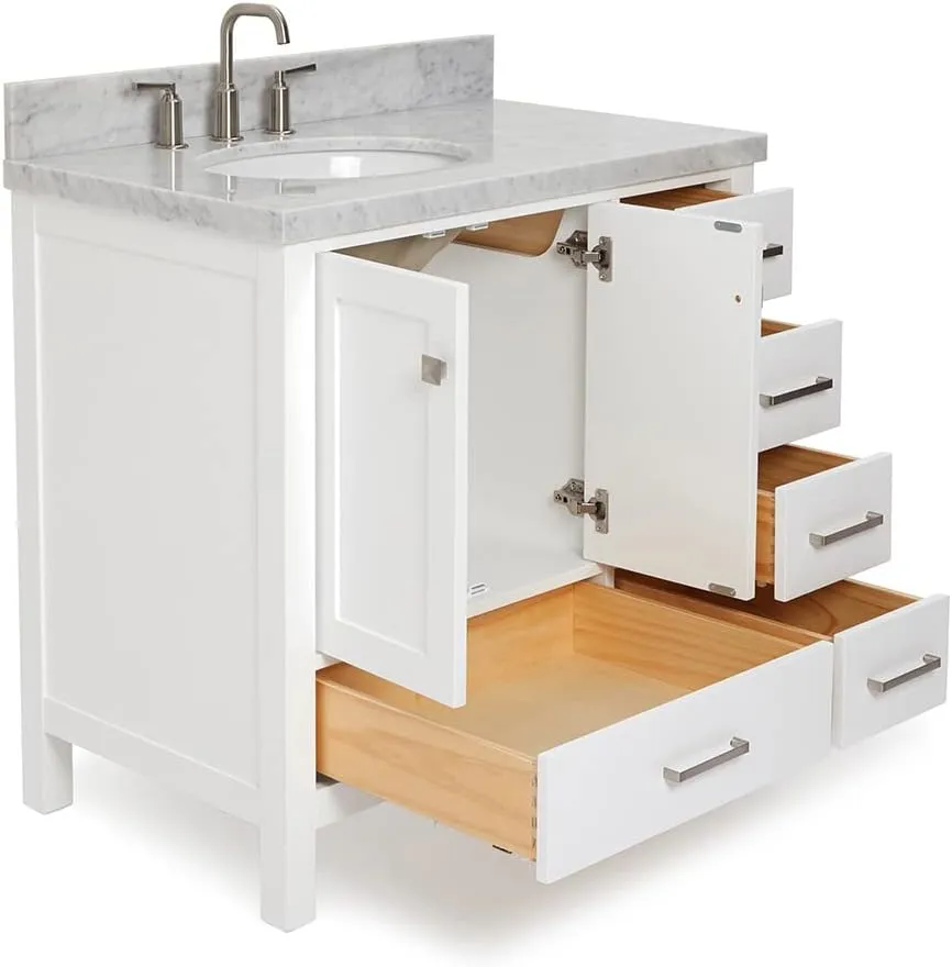 ARIEL Cambridge 37 Inch Bathroom Vanity with Sink, White Bathroom Vanity, Solid Wood Vanity Base Cabinet, Carrara Marble Top 1.5-Inch Edge, Left Oval Single Sink, 2 Soft Closing Doors, 5 Drawers