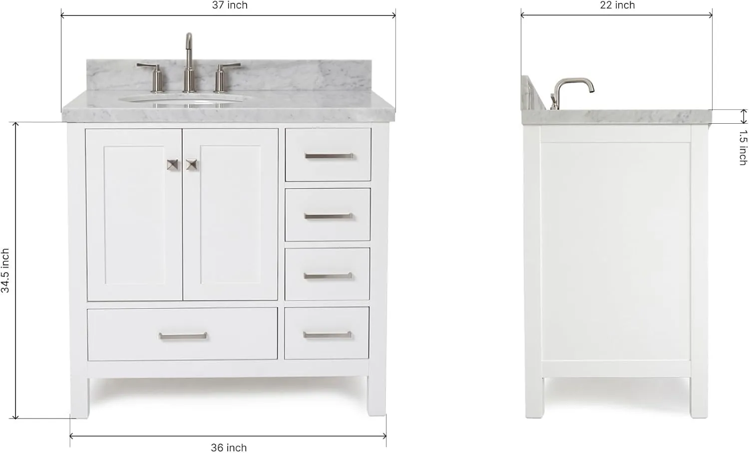 ARIEL Cambridge 37 Inch Bathroom Vanity with Sink, White Bathroom Vanity, Solid Wood Vanity Base Cabinet, Carrara Marble Top 1.5-Inch Edge, Left Oval Single Sink, 2 Soft Closing Doors, 5 Drawers