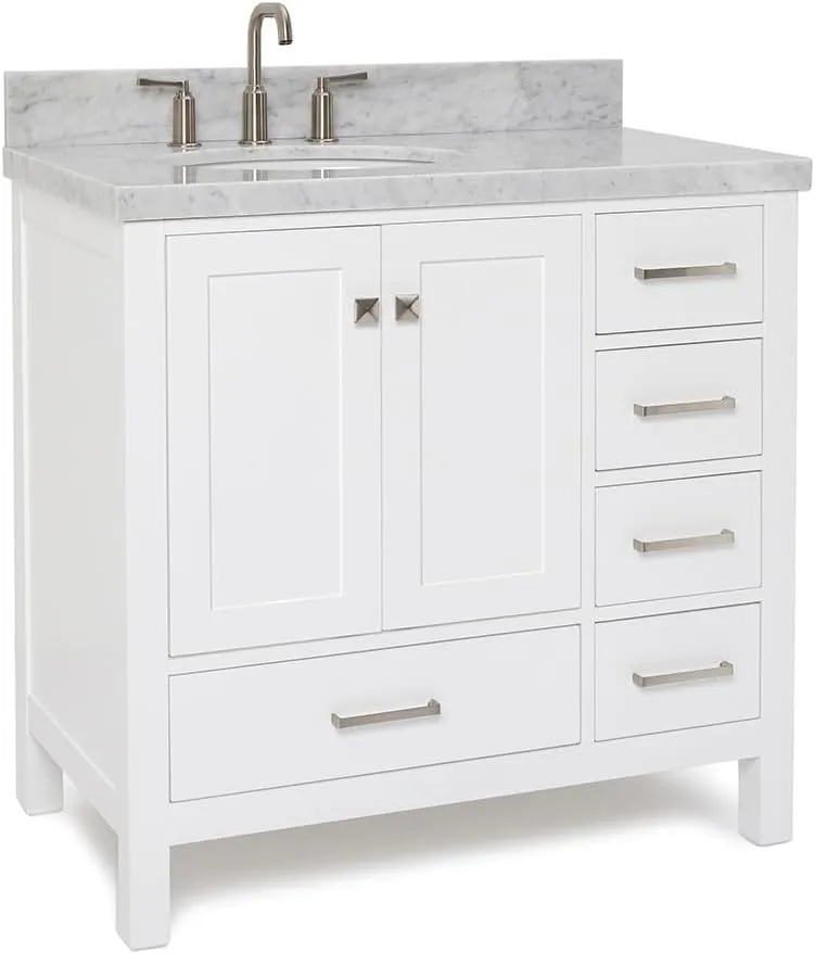 ARIEL Cambridge 37 Inch Bathroom Vanity with Sink, White Bathroom Vanity, Solid Wood Vanity Base Cabinet, Carrara Marble Top 1.5-Inch Edge, Left Oval Single Sink, 2 Soft Closing Doors, 5 Drawers