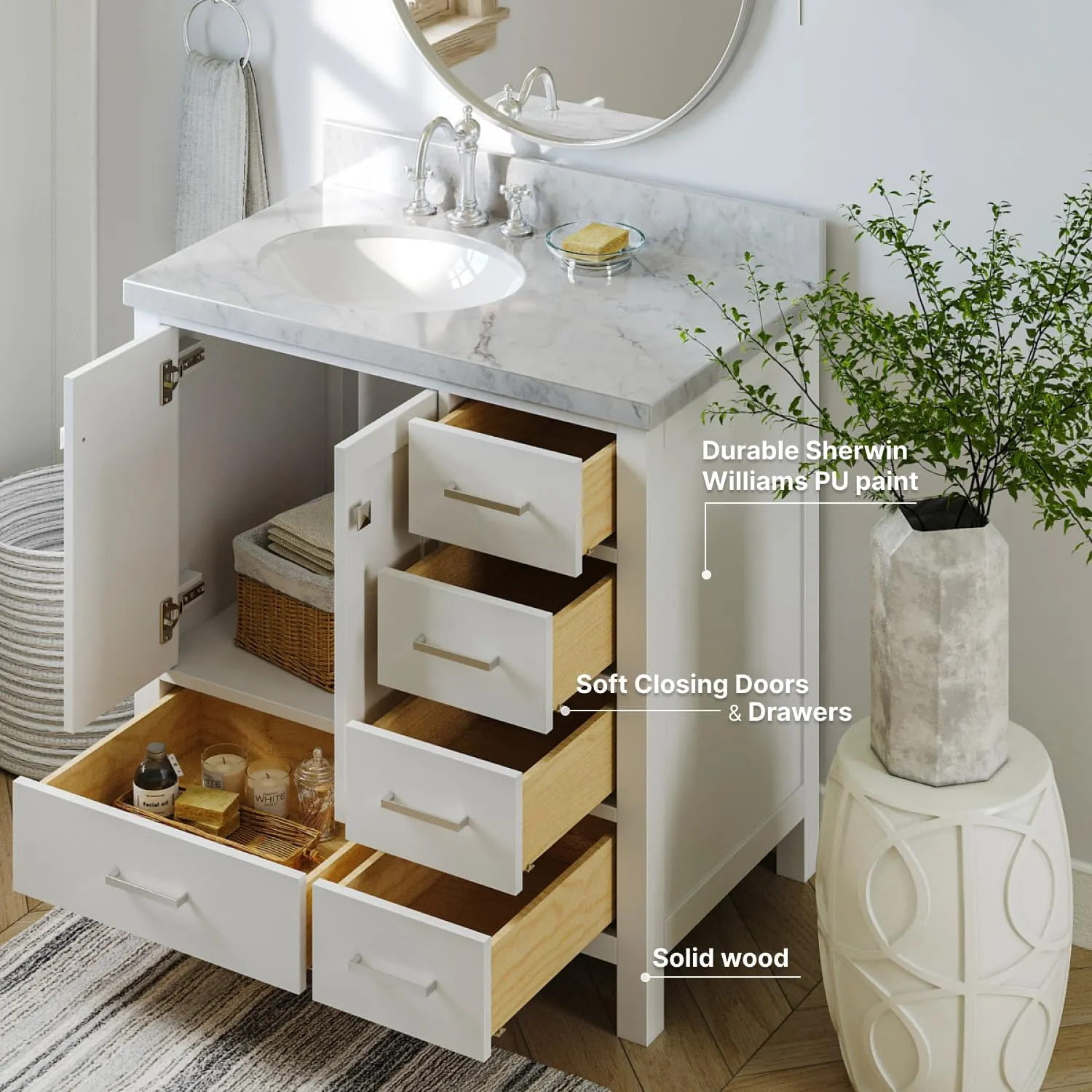 ARIEL Cambridge 37 Inch Bathroom Vanity with Sink, White Bathroom Vanity, Solid Wood Vanity Base Cabinet, Carrara Marble Top 1.5-Inch Edge, Left Oval Single Sink, 2 Soft Closing Doors, 5 Drawers