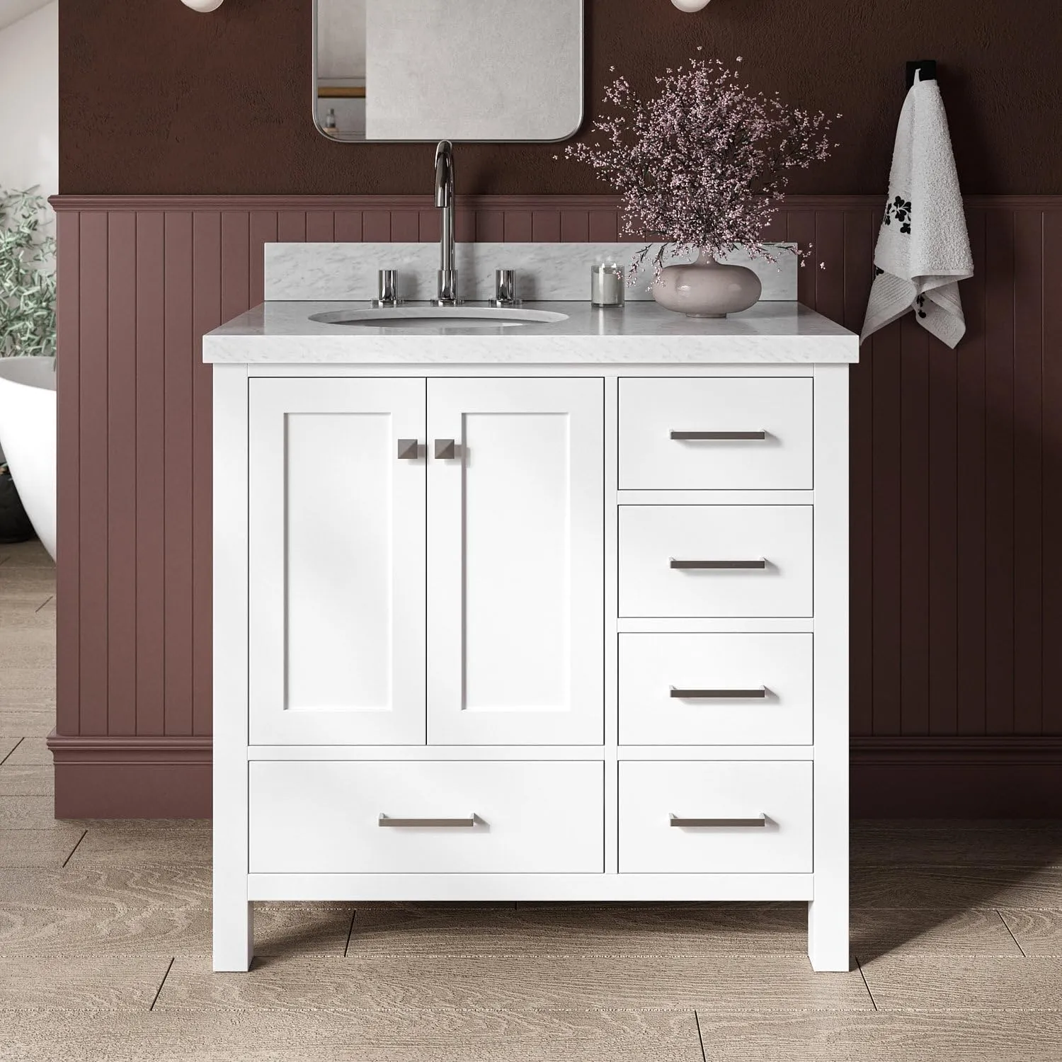 ARIEL Cambridge 37 Inch Bathroom Vanity with Sink, White Bathroom Vanity, Solid Wood Vanity Base Cabinet, Carrara Marble Top 1.5-Inch Edge, Left Oval Single Sink, 2 Soft Closing Doors, 5 Drawers