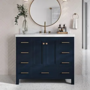 ARIEL Cambridge 43 Inch Bathroom Vanity, Blue Bathroom Vanity with Sink, Solid Wood Midnight Blue Bathroom Base Cabinet, Carrara Marble 1.5" Edge, Oval Single Sink, 2 Soft Closing Doors, 9 Drawers