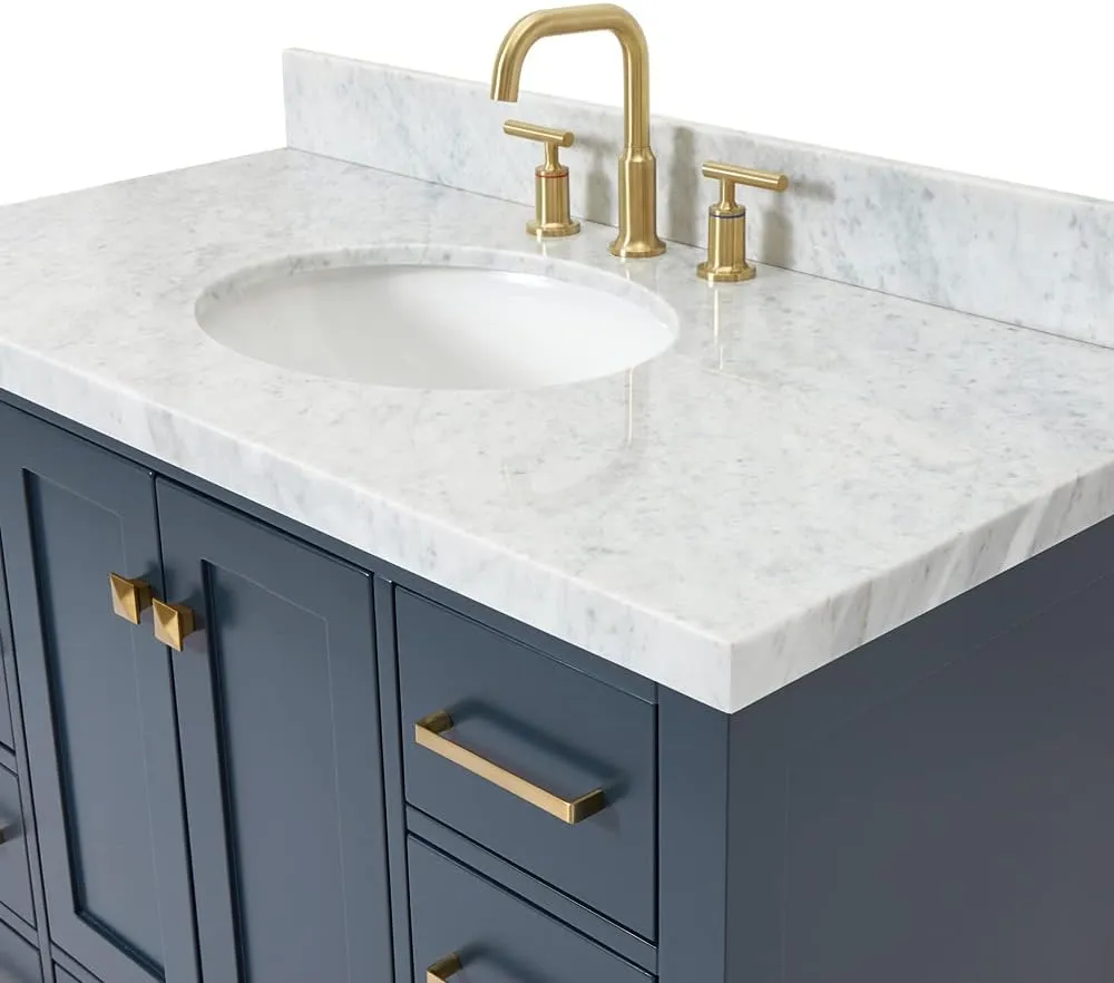 ARIEL Cambridge 43 Inch Bathroom Vanity, Blue Bathroom Vanity with Sink, Solid Wood Midnight Blue Bathroom Base Cabinet, Carrara Marble 1.5" Edge, Oval Single Sink, 2 Soft Closing Doors, 9 Drawers