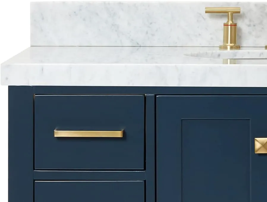 ARIEL Cambridge 43 Inch Bathroom Vanity, Blue Bathroom Vanity with Sink, Solid Wood Midnight Blue Bathroom Base Cabinet, Carrara Marble 1.5" Edge, Oval Single Sink, 2 Soft Closing Doors, 9 Drawers
