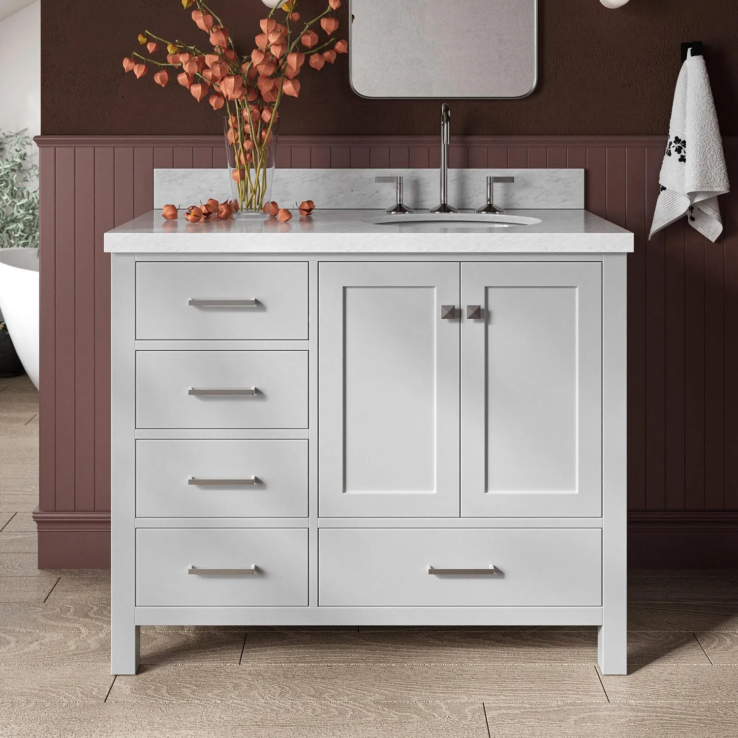 ARIEL Cambridge 43 Inch Bathroom Vanity, Grey 43 Inch Vanity with Top, Solid Wood Vanity Cabinet, Carrara Marble Top 1.5-Inch Edge, Oval Undermount Single Sink, 2 Soft Closing Doors, 5 Drawers